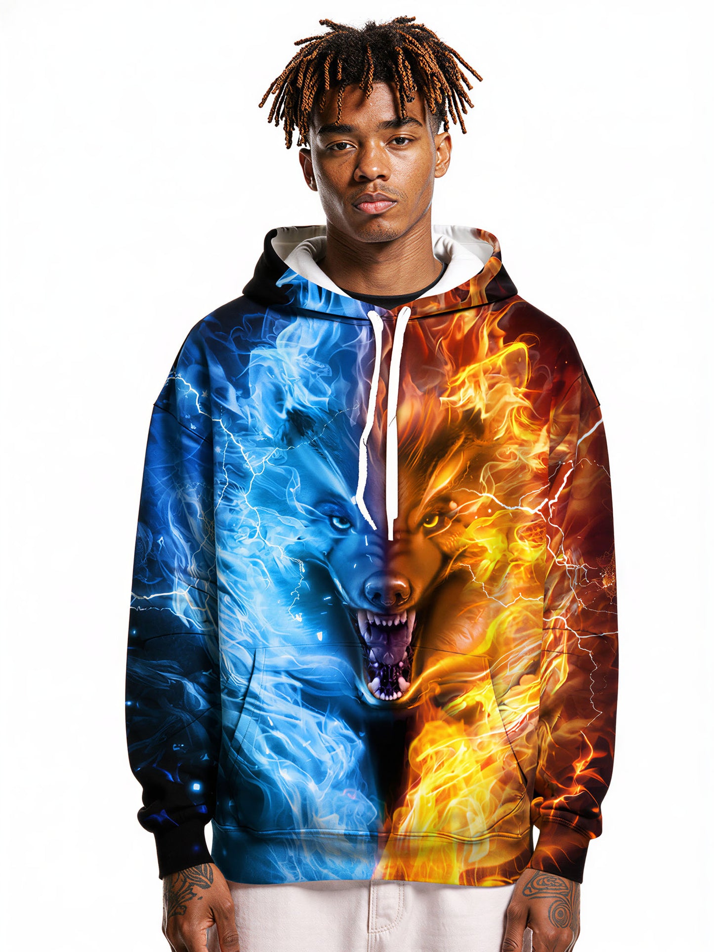 3D All Over Print Fire Ice Wolf Hoodie for Men Women Streetwear Graphic Pullover