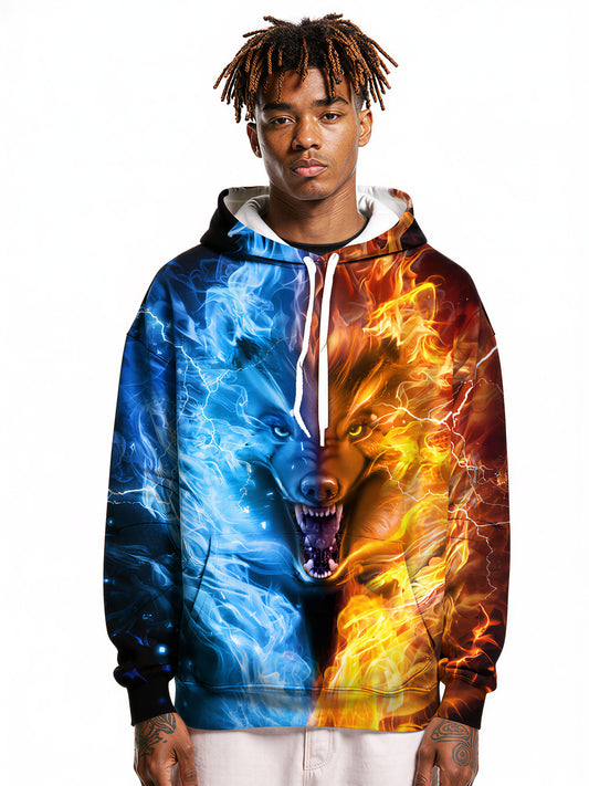 3D All Over Print Fire Ice Wolf Hoodie for Men Women Streetwear Graphic Pullover