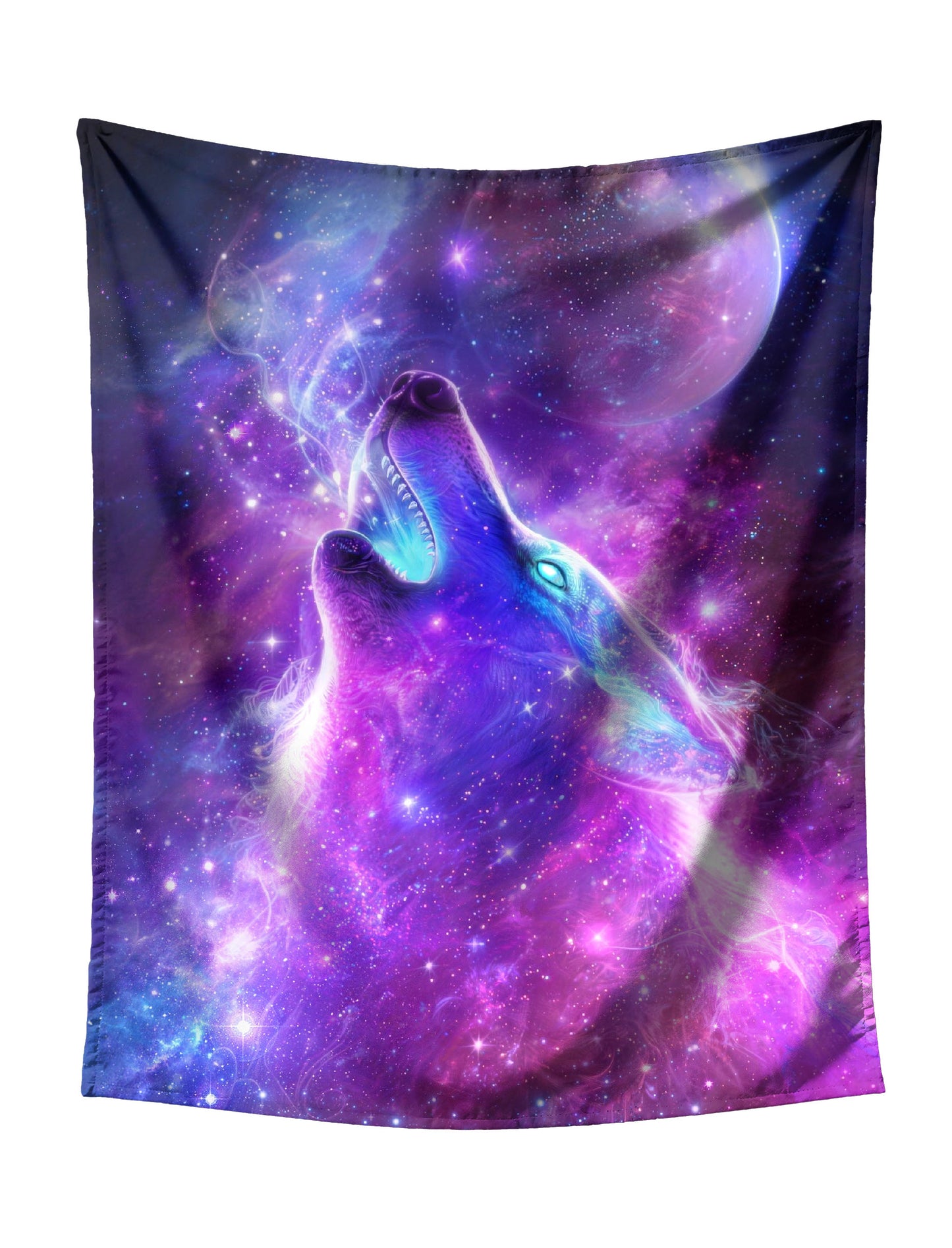 Howling Cosmic Wolf with Purple-Blue Gradient on Starry Galaxy & Planets Tapestry - Mystical Fantasy Wall Hanging for Bold Home Decor