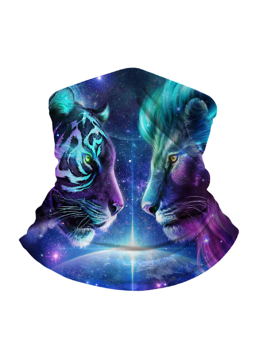Unisex Neck Gaiter with 3D all over print featuring cosmic tiger and lion faces, galaxy nebula design, aesthetic style, breathable fabric, windproof, soft stretchy for outdoor use