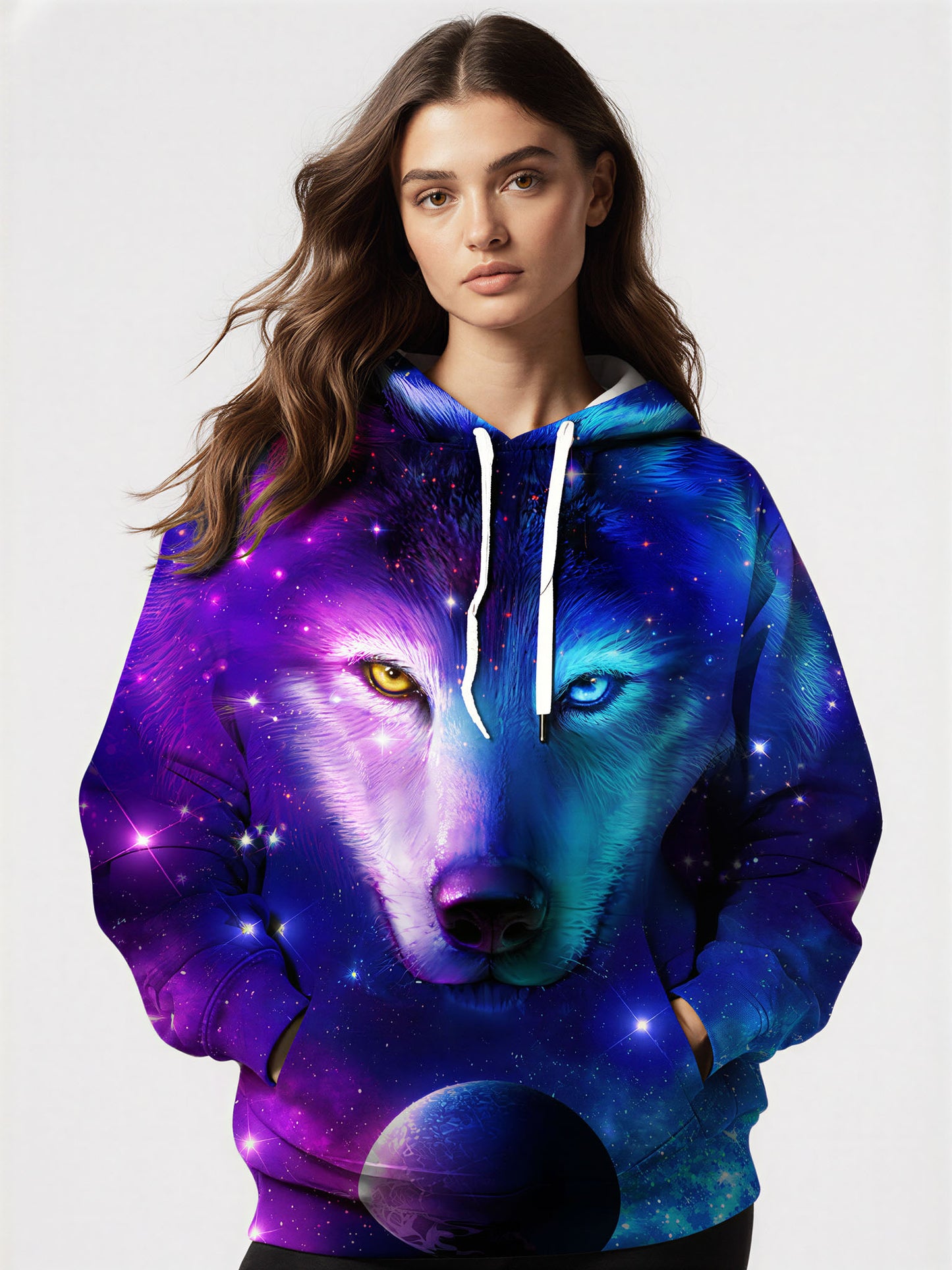 3D All Over Print Wolf Galaxy Hoodie for Men Women, Cosmic Space Graphic Pullover Sweatshirt