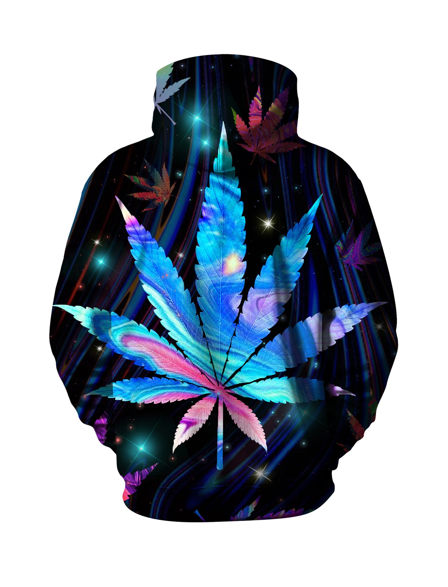 Unisex Pullover Hoodie with 3D All Over Print featuring Psychedelic Cosmic Cannabis Leaf, Y2K Aesthetic Streetwear, Soft Cotton Blend, Loose Fit for Men and Women