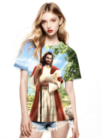 Jesus Shepherd 3D All Over Print T-Shirt for Men Women, Faithful Lamb Graphic Religious Streetwear