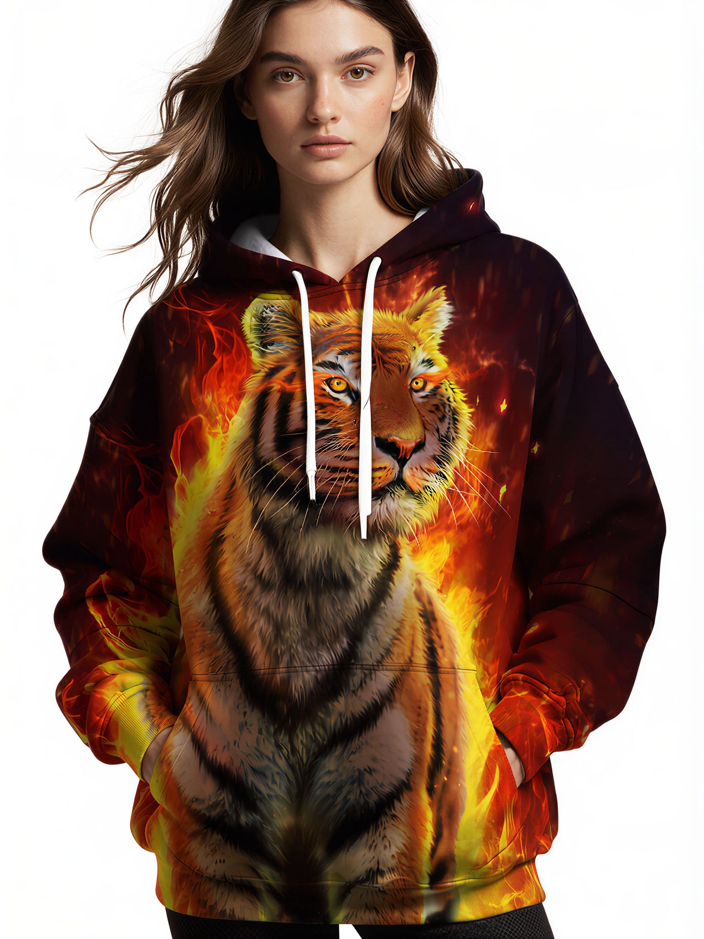 Men Women 3D All Over Print Fire Tiger Hoodie Sweatshirt for Casual Streetwear