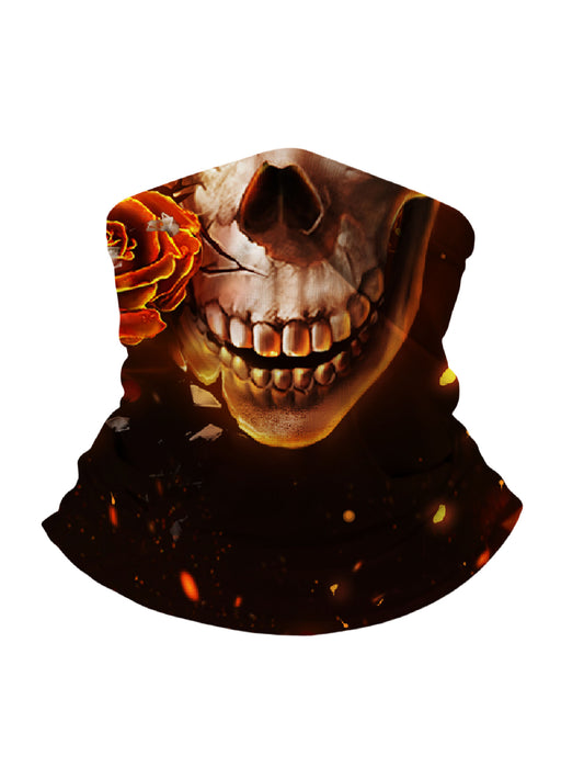 Tube Face Mask with 3D all over print graffiti skull and burning rose design, Streetwear style unisex neck gaiter, soft stretchy breathable fabric for outdoor use