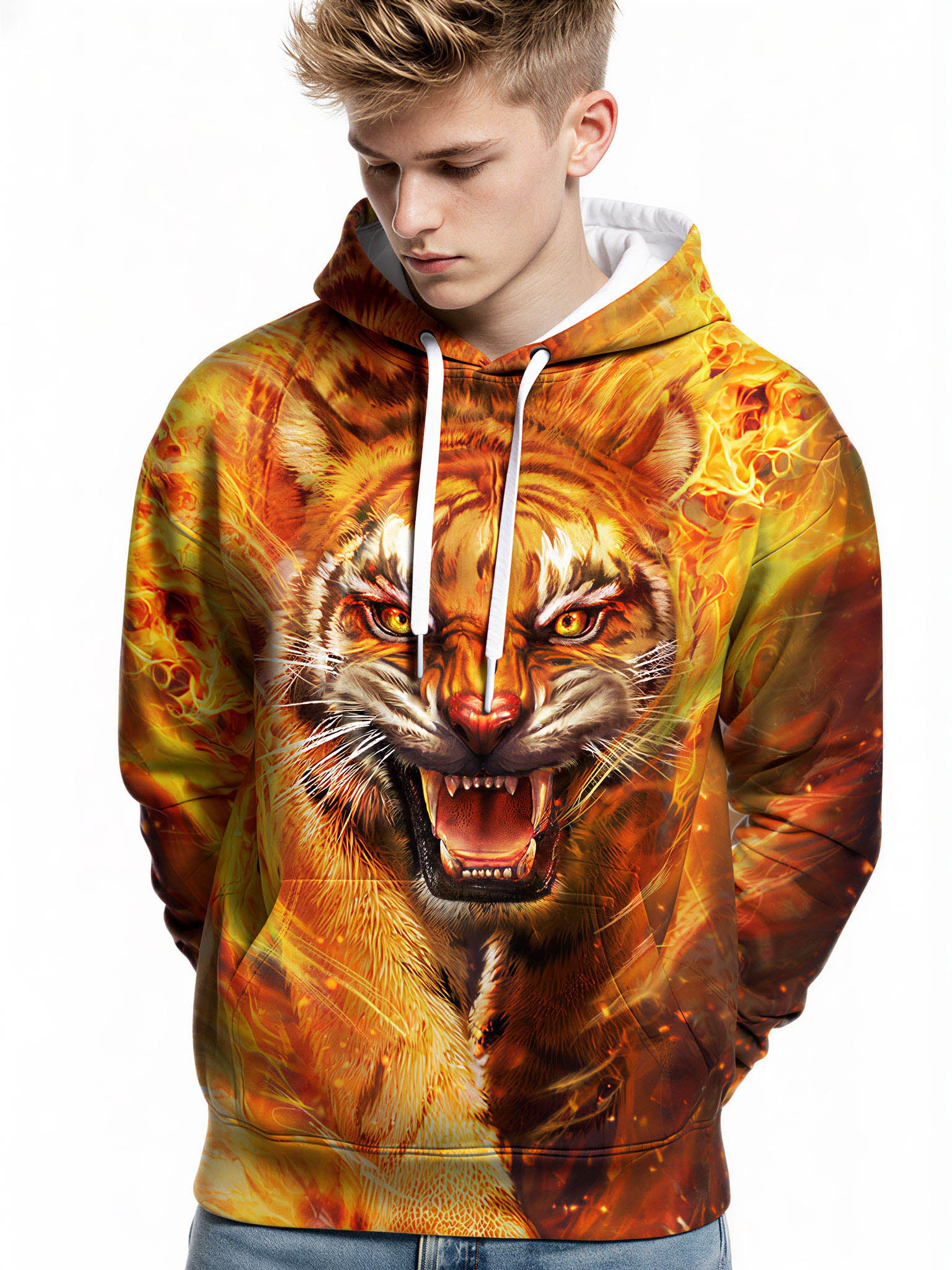 3D All Over Print Fire Tiger Hoodie Sweatshirt Graphic Pullover For Men Women