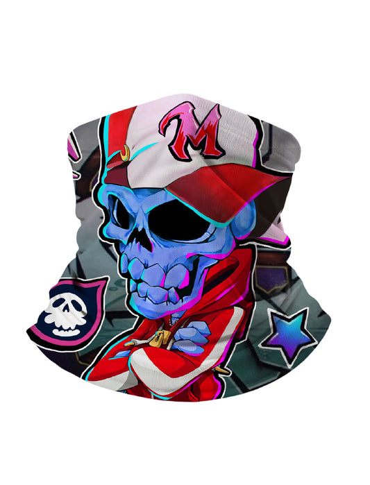 Tube Face Mask with 3D all over print graffiti skull in red cap and jacket, Streetwear style unisex breathable fabric for outdoor use