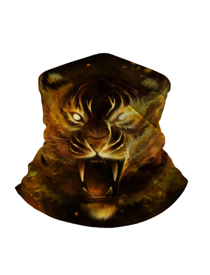 Tube Face Mask with 3D all over print roaring tiger head in fiery golden tones, Streetwear unisex design, breathable fabric, soft stretchy, UV protection