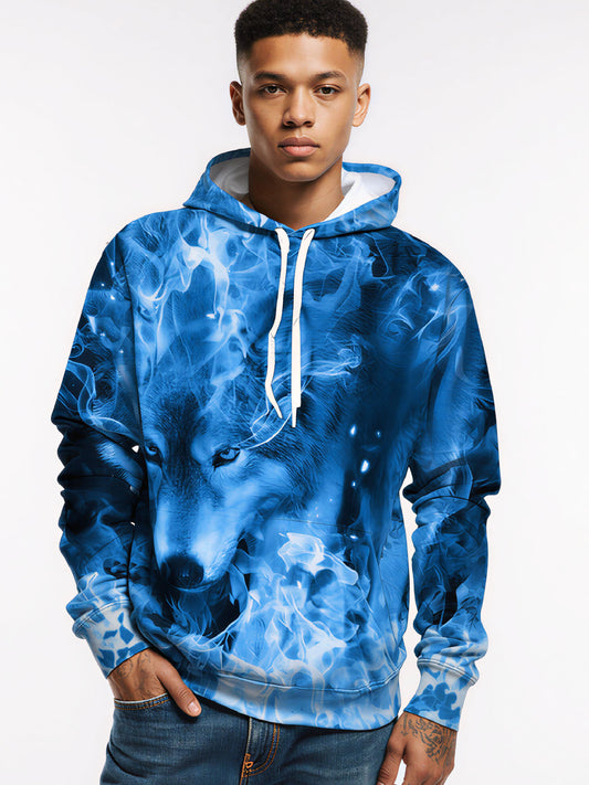 3D Print Blue Flame Wolf Head Hoodie Unisex Loose Fit Streetwear Sweatshirt