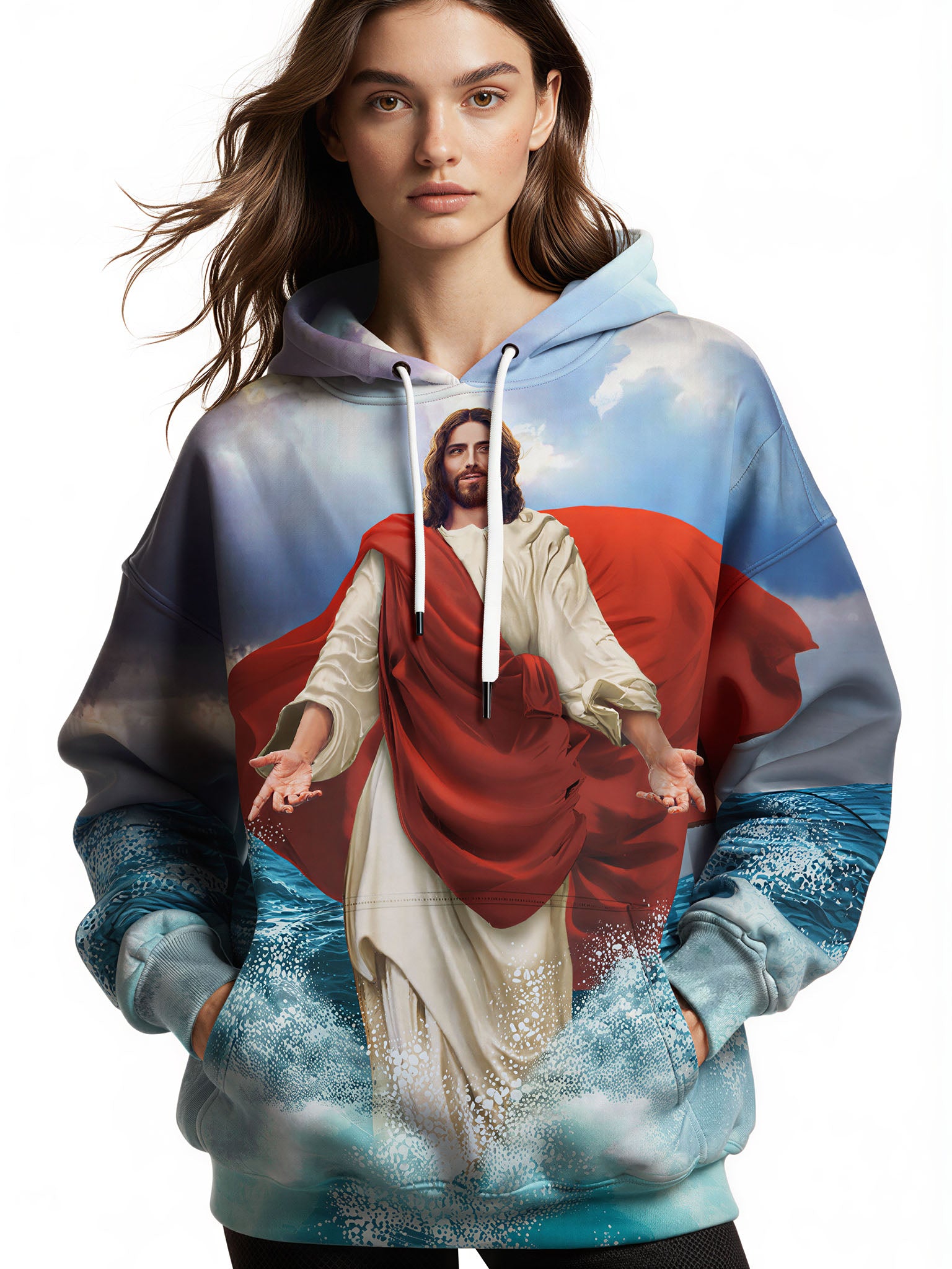 Jesus Walking on Water 3D All Over Print Hoodie for Men Women Religious Christian Art Sweatshirt