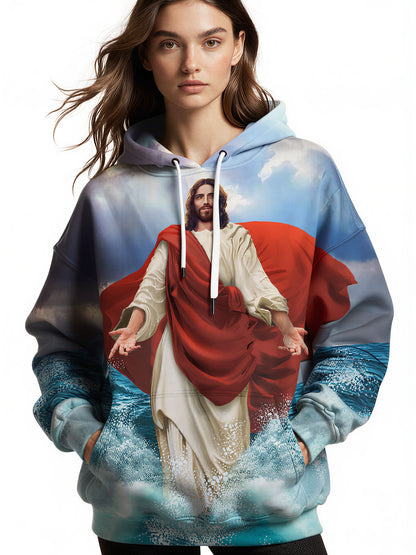 Jesus Walking on Water 3D All Over Print Hoodie for Men Women Religious Christian Art Sweatshirt
