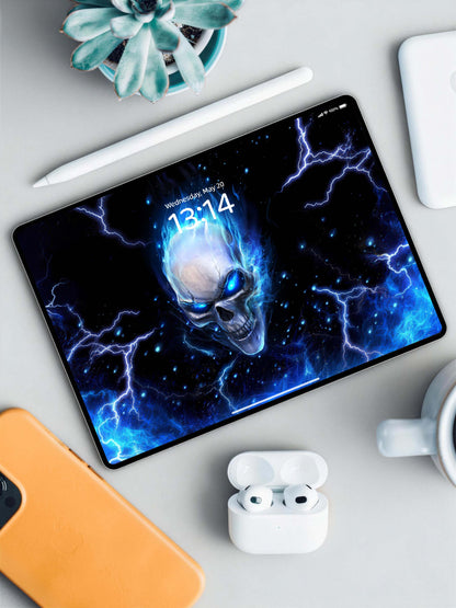 Side Face Blue Flame Skull Digital Wallpaper