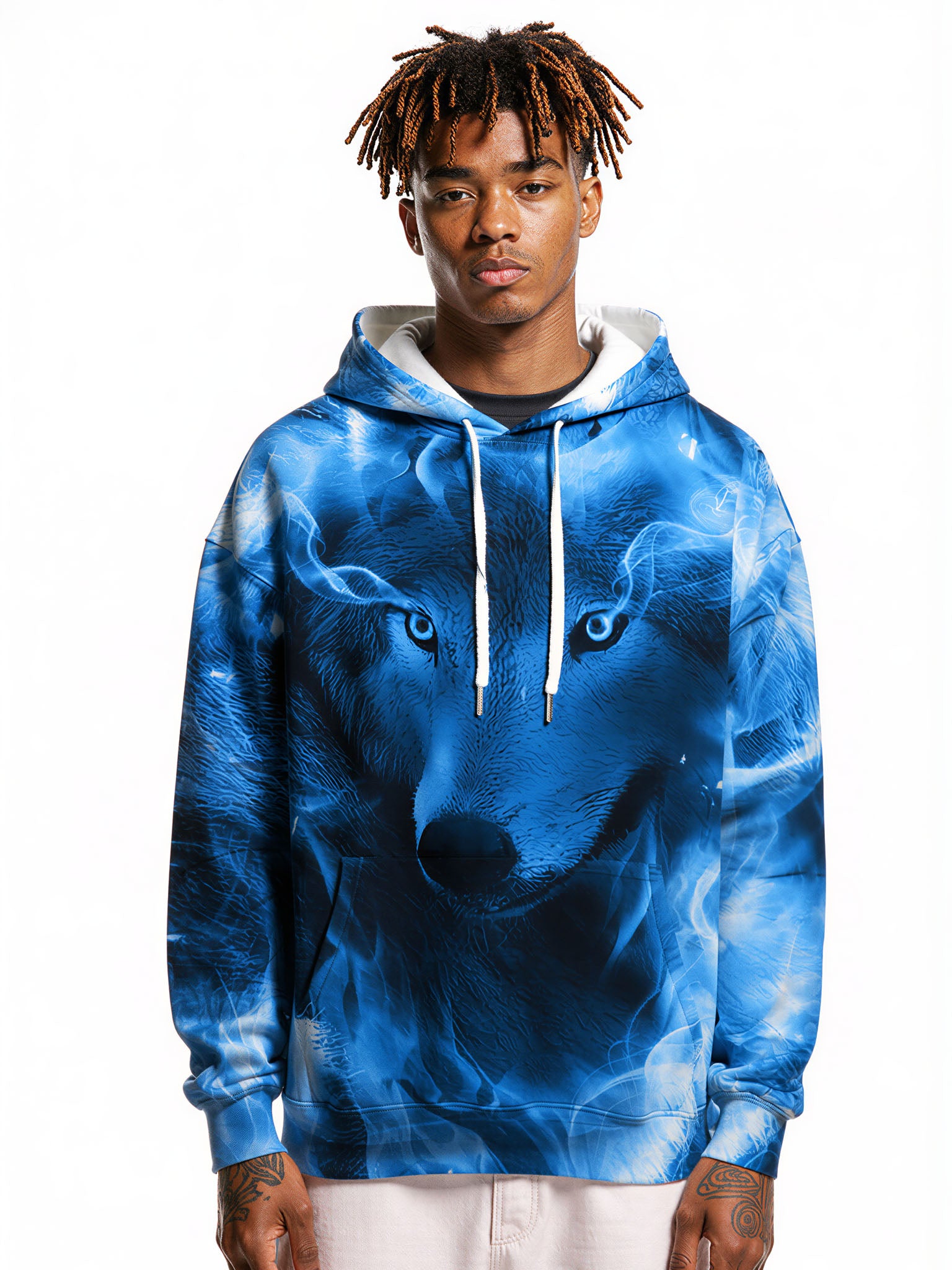 3D All Over Print Wolf Hoodie for Men Women Blue Flame Art Style Pullover Sweatshirt