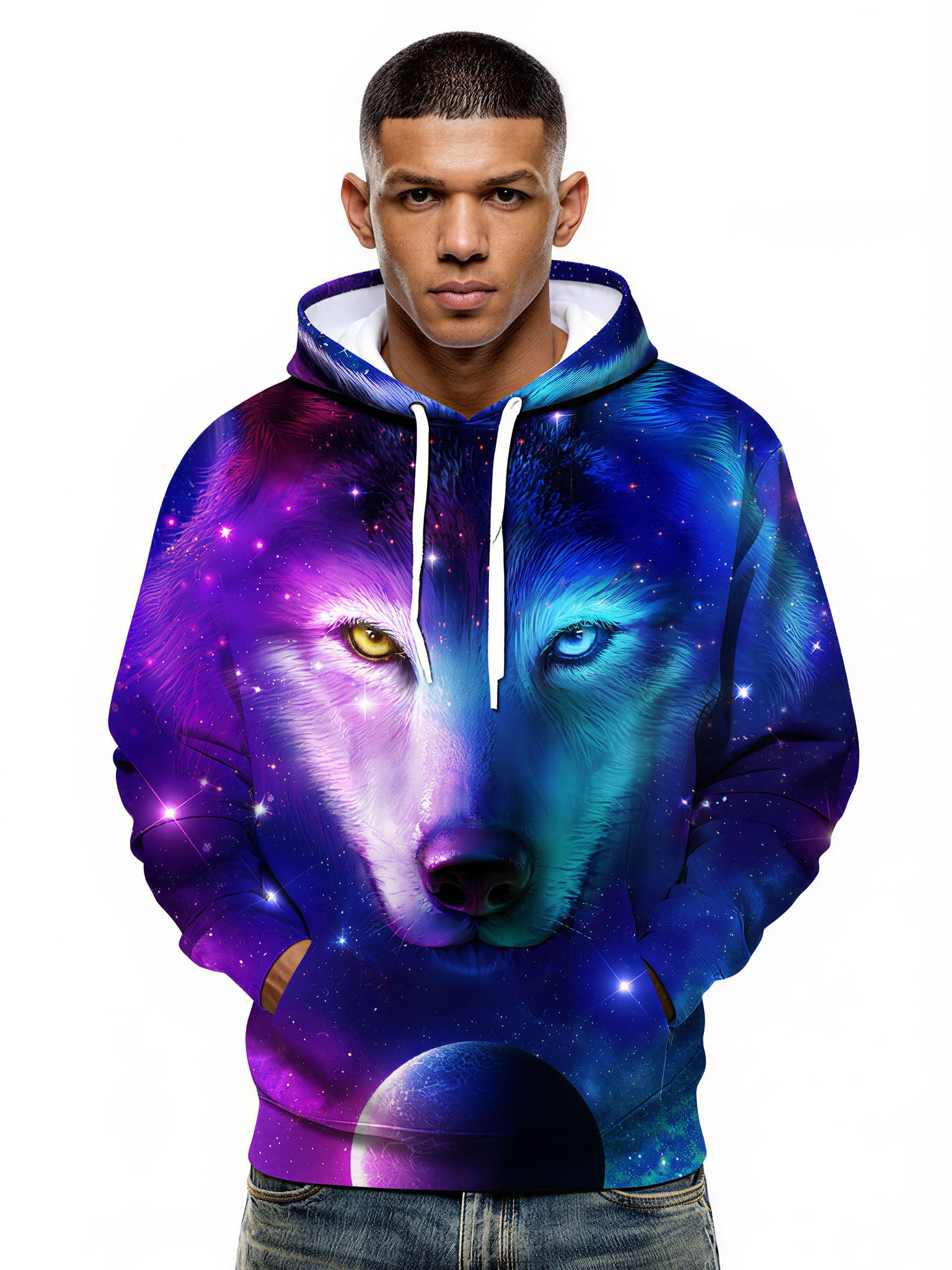 3D All Over Print Wolf Galaxy Hoodie for Men Women, Cosmic Space Graphic Pullover Sweatshirt