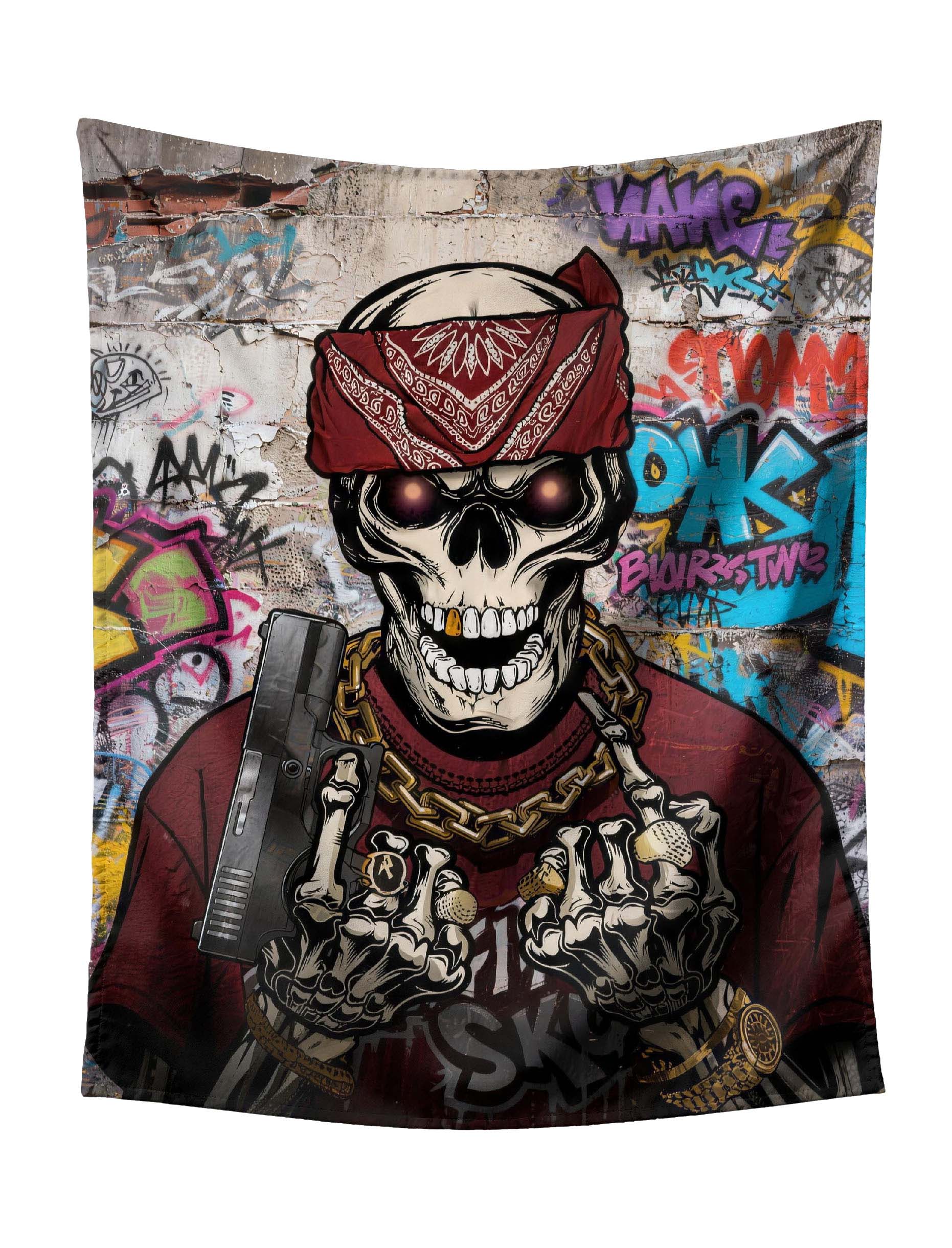 Gangster Skull with Red Bandana, Gold Chains & Pistol on Graffiti Wall Tapestry - Edgy Hip-Hop Wall Hanging for Bold Home Decor
