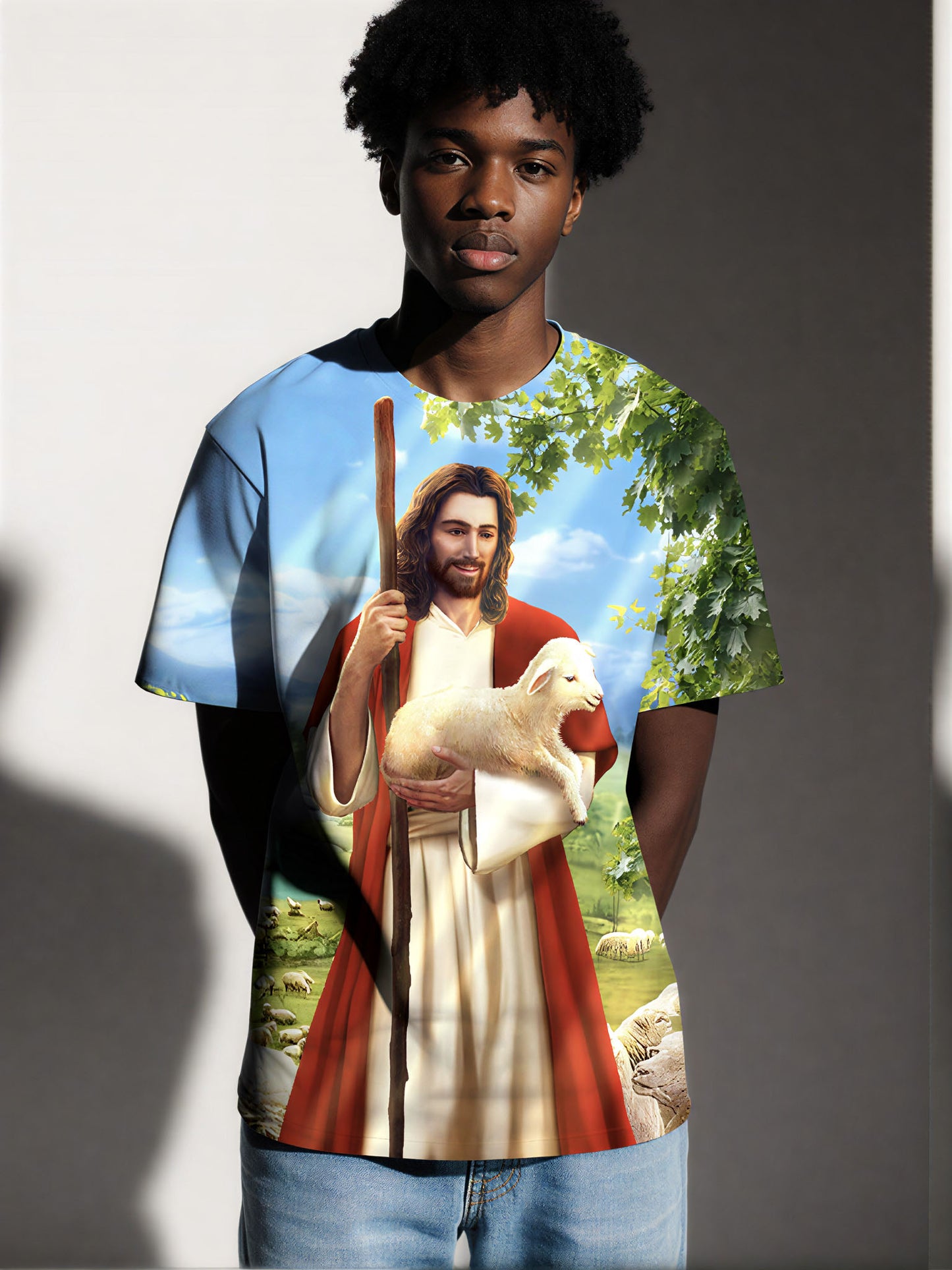 Jesus Shepherd 3D All Over Print T-Shirt for Men Women, Faithful Lamb Graphic Religious Streetwear