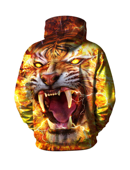 Edgy Fire Tiger Graphic Hoodie 3D Flame Print Unisex Oversized Streetwear Pullover
