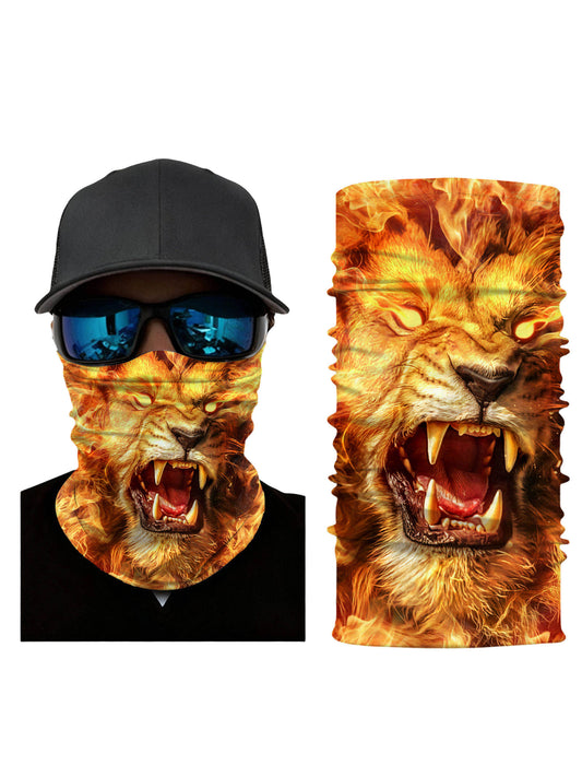 Tube Face Mask with 3D All Over Print Fierce Lion in Flames, Streetwear Style Unisex Breathable Soft Stretchy for Outdoor Activities