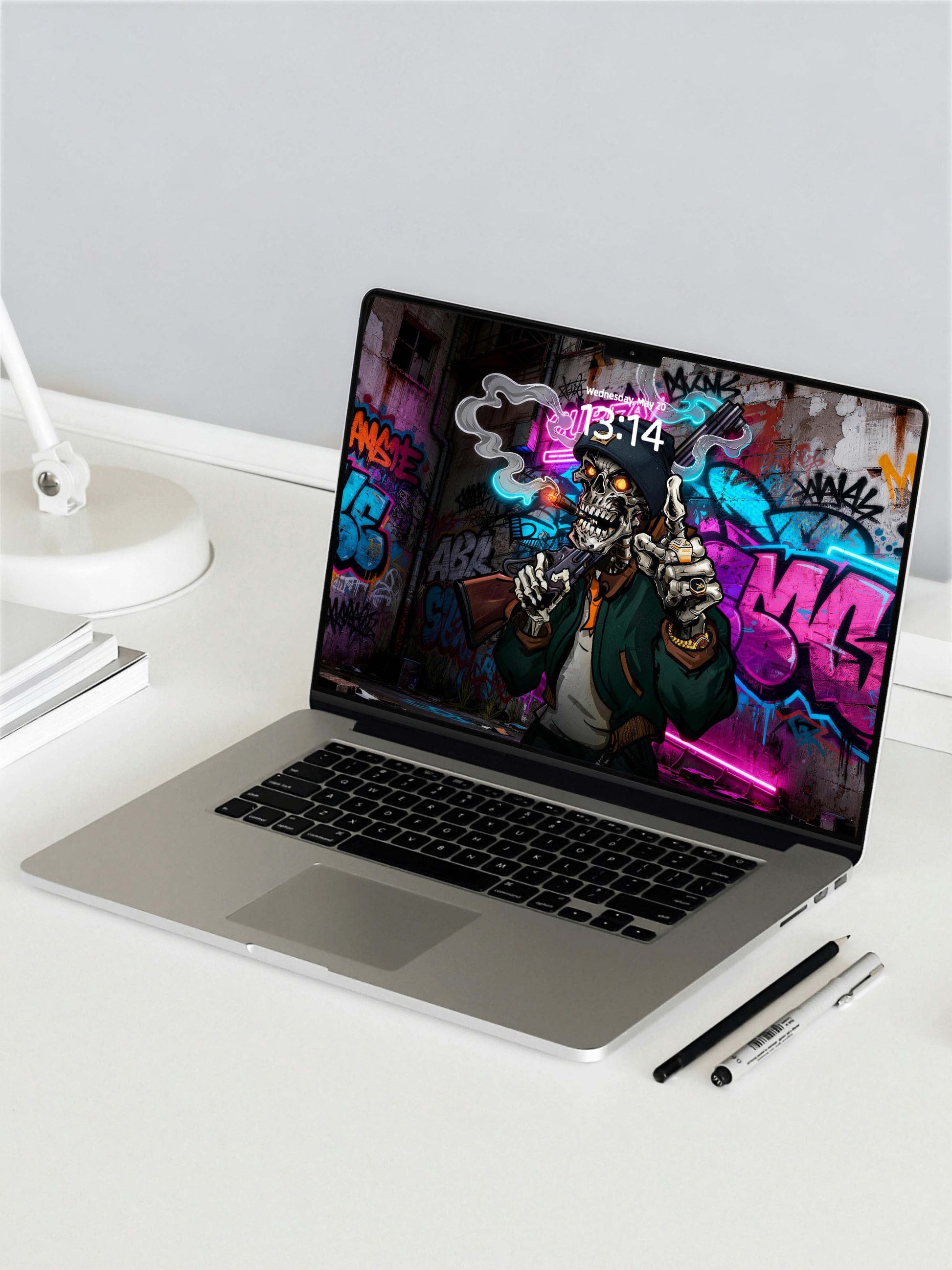 Neon Hip Hop Smoking Skull Digital Wallpaper