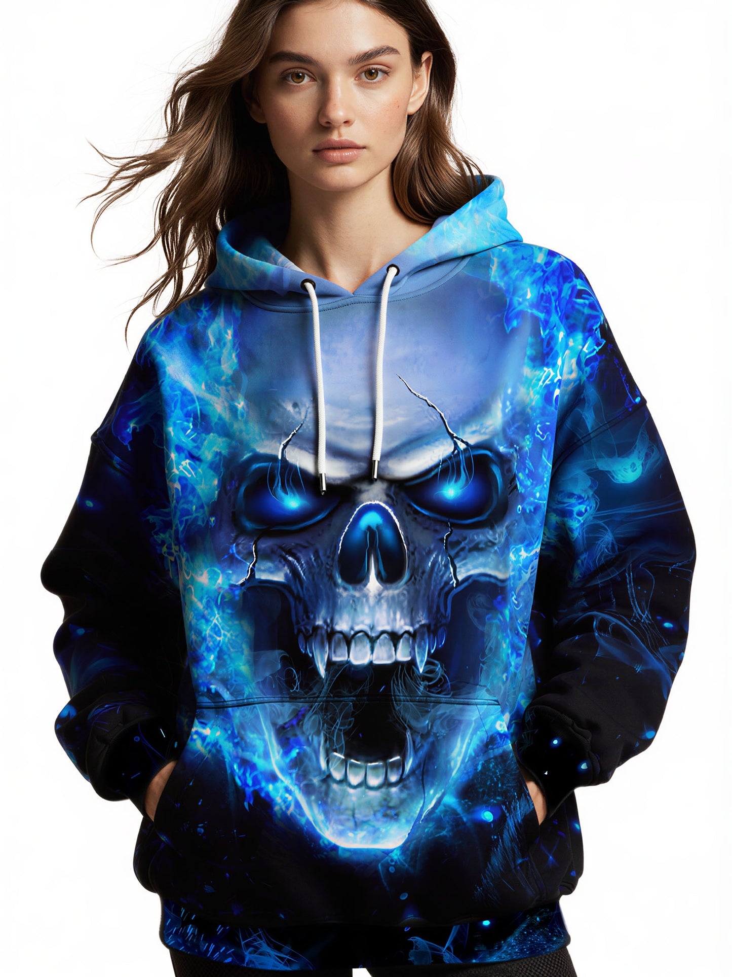 3D All Over Print Blue Fire Skull Hoodie for Men Women Streetwear Graphic Pullover