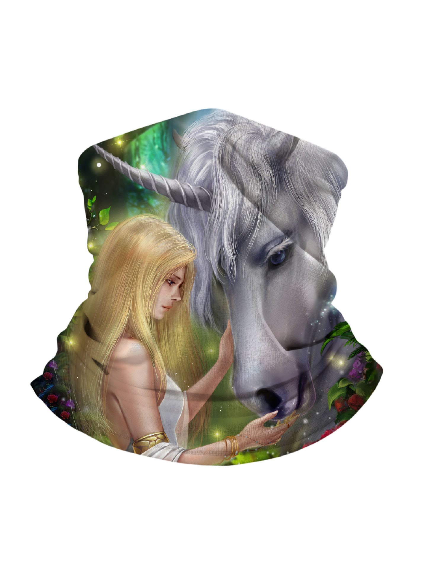 Unisex Neck Gaiter with 3D all over print featuring fantasy unicorn and ethereal maiden, Aesthetic style, breathable fabric, soft stretchy, UV protection for outdoor wear