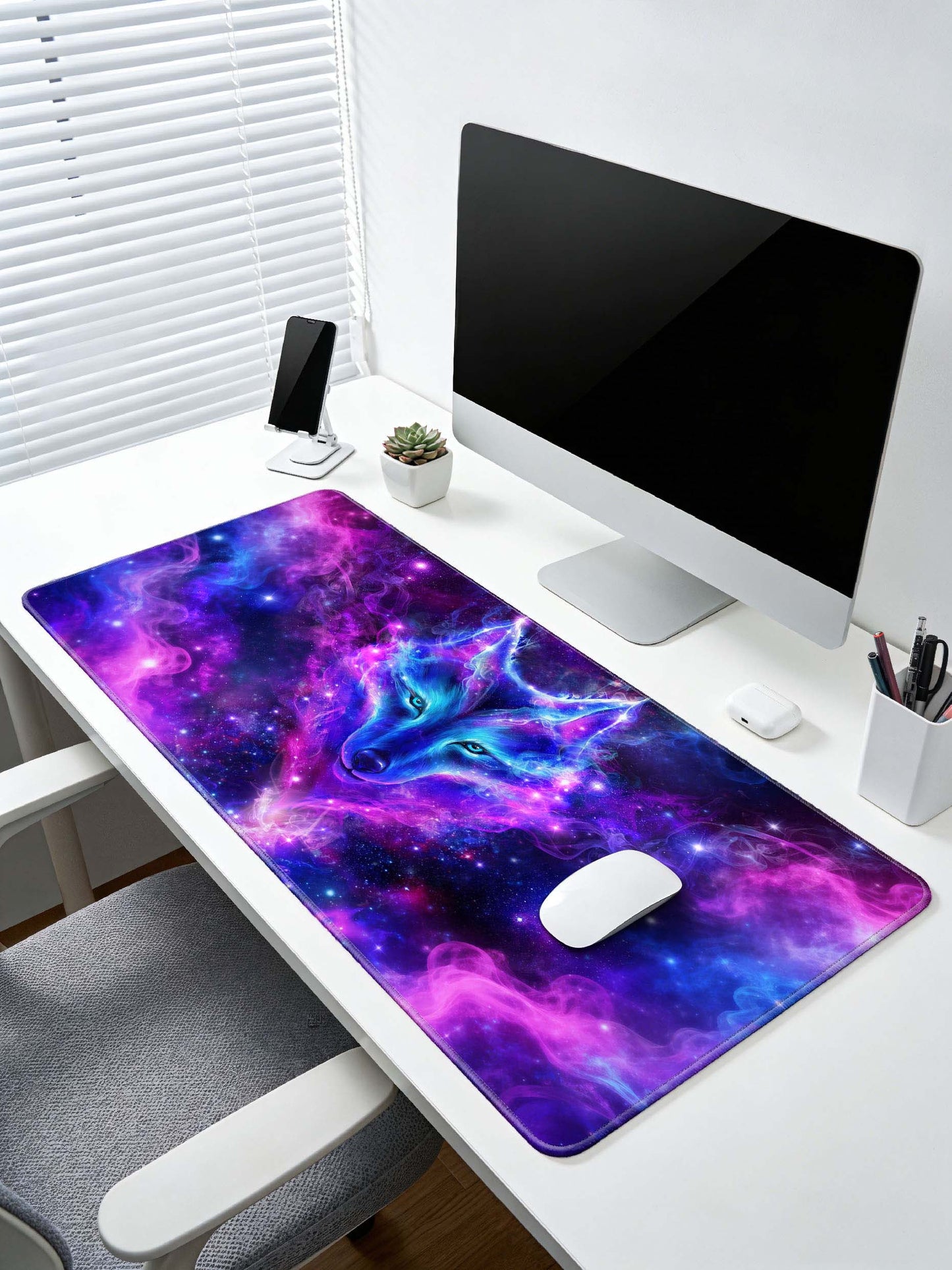 Front Facing Cosmic Wolf With Swirling Purple-Blue Nebula Desk Mat