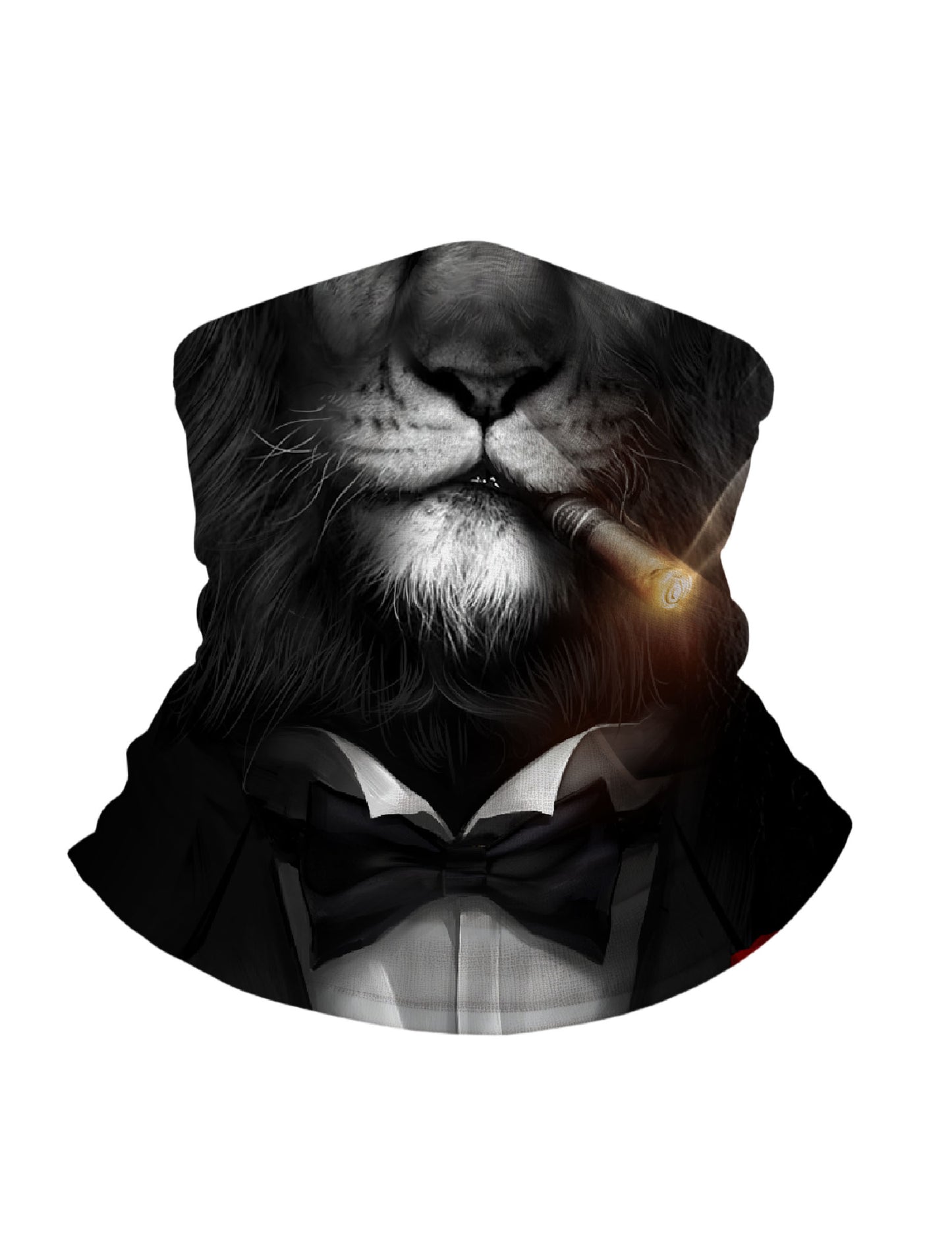 Unisex Balaclava with 3D all over print featuring a sophisticated lion in tuxedo and cigar, Streetwear aesthetic, soft stretchy fabric, windproof for outdoor use