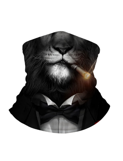 Unisex Balaclava with 3D all over print featuring a sophisticated lion in tuxedo and cigar, Streetwear aesthetic, soft stretchy fabric, windproof for outdoor use