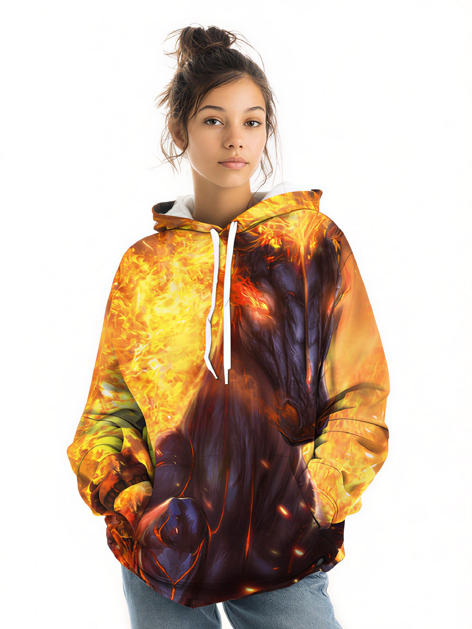 Unisex 3D All Over Print Hoodie Fire Horse Design Streetwear Cotton Blend Soft Comfortable