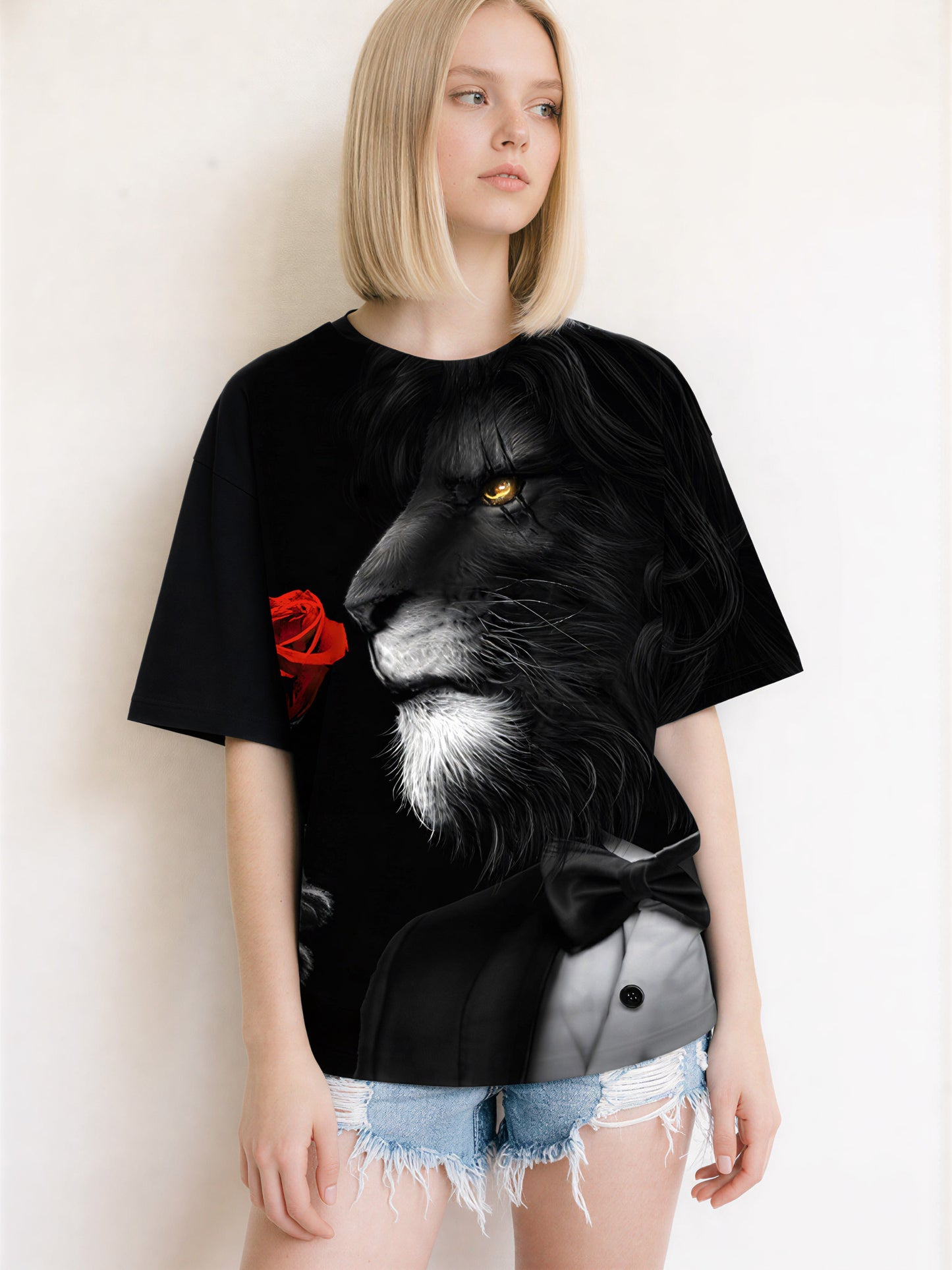 Lion in Suit with Red Rose 3D All Over Print T-Shirt for Men Women