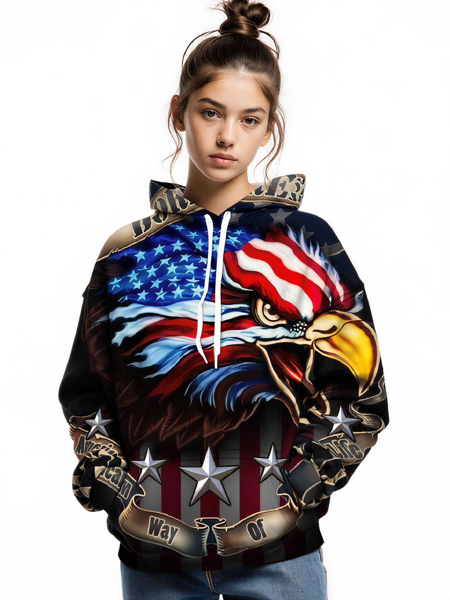 American Eagle 3D All Over Print Hoodie Unisex Streetwear Patriot Design Cotton Blend Comfort Fit