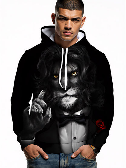 Men Women 3D All Over Print Lion Tuxedo Hoodie with Bowtie and Red Rose