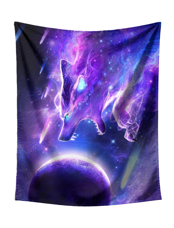 Leaping Cosmic Wolf (Purple-Blue Gradient) Diving Towards Purple Planet on Starry Galaxy with Shooting Stars Tapestry - Mystical Fantasy Wall Hanging for Bold Home Decor