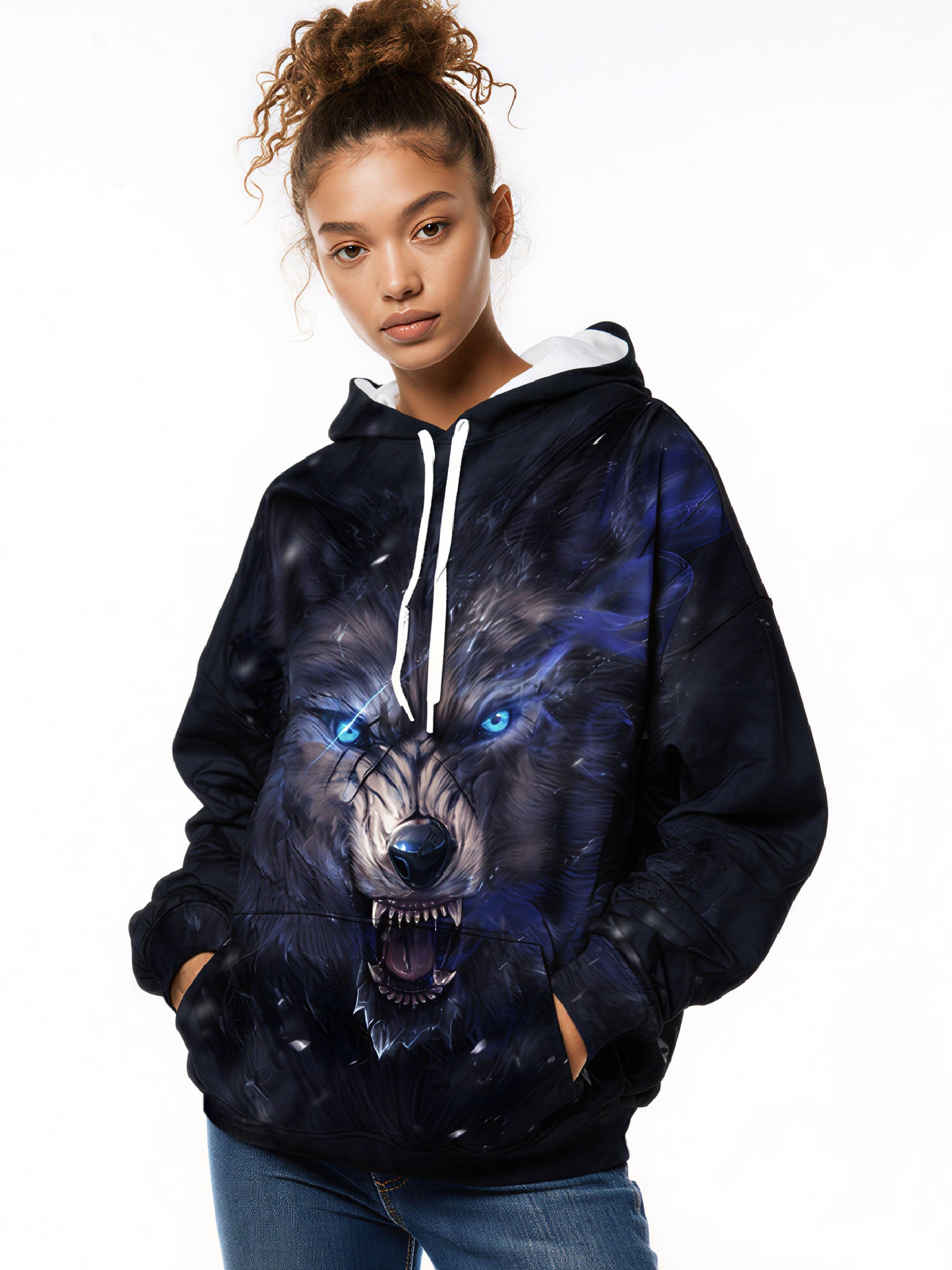 Fierce Galaxy Wolf 3D Print Hoodie | Oversized Night Graphic Pullover