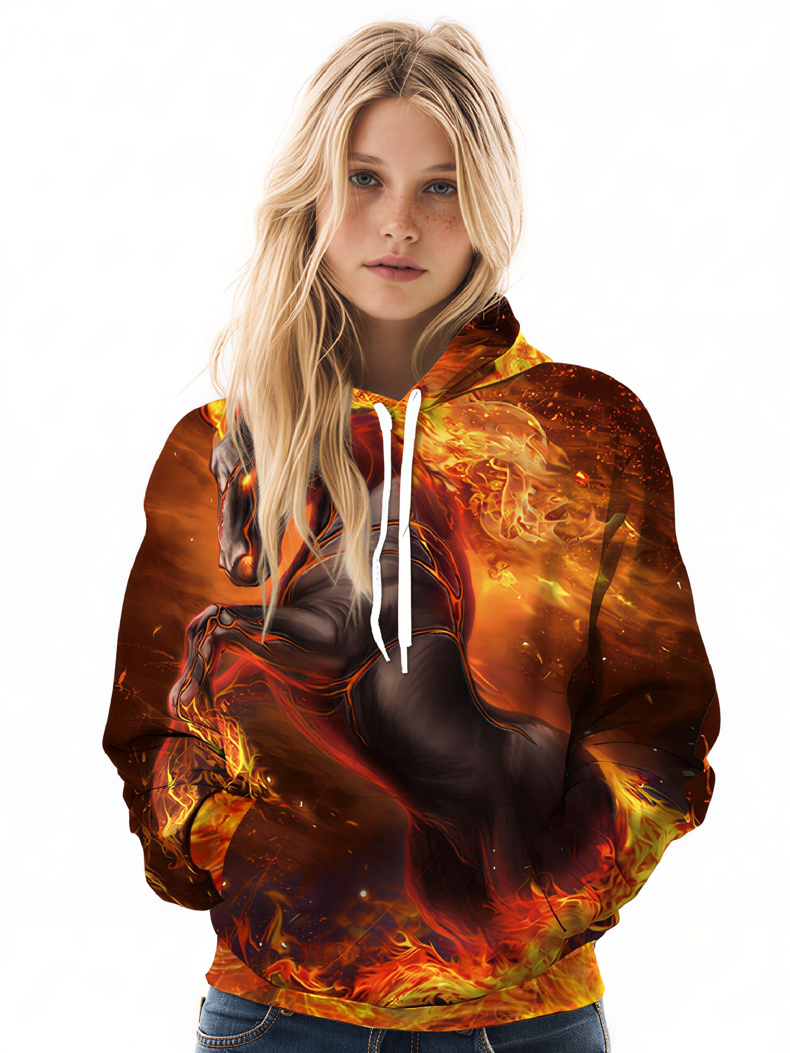 Unisex 3D All Over Print Hoodie Fire Horse Design Streetwear Casual Loose Fit