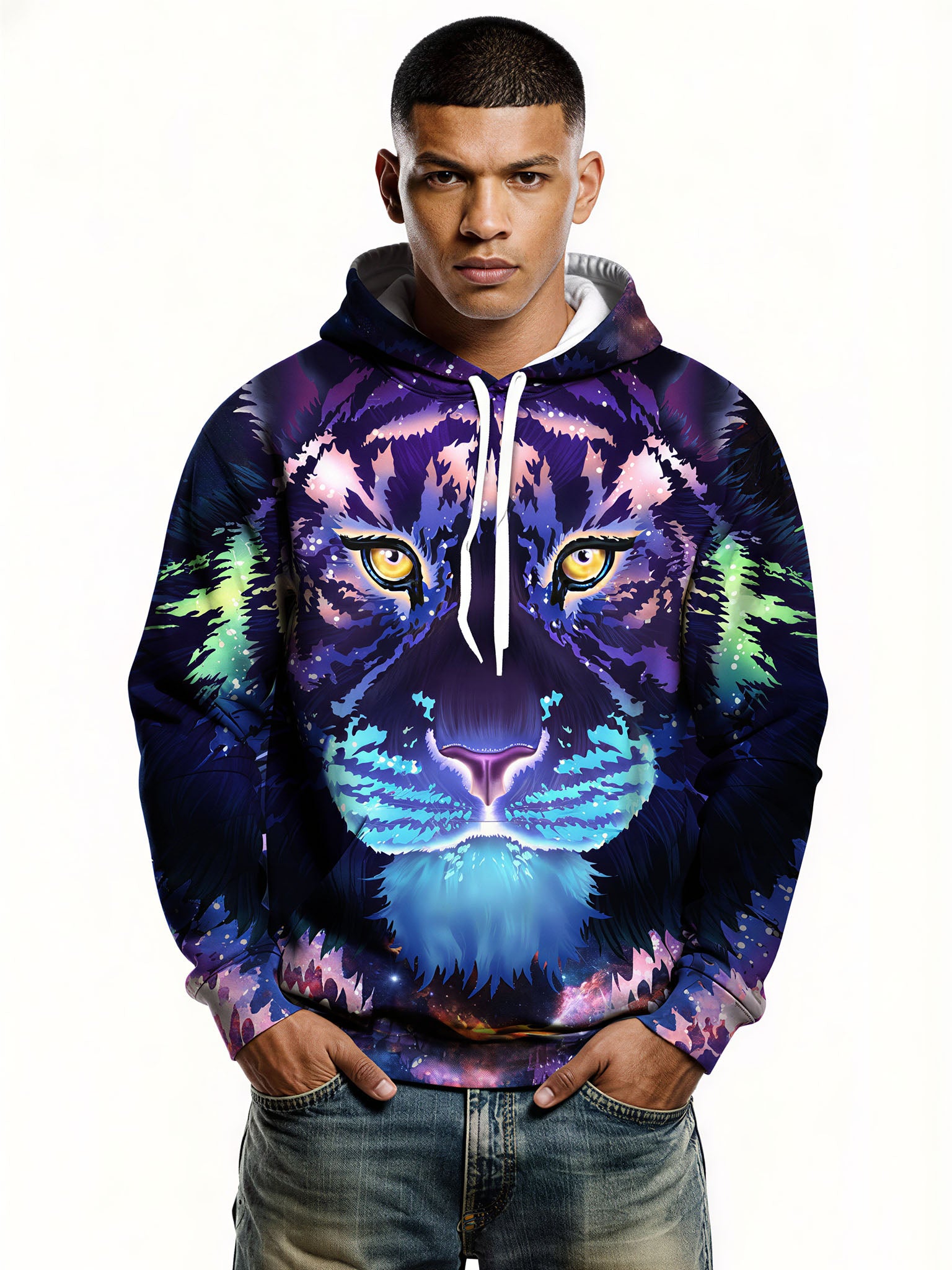 3D All Over Print Galaxy Tiger Hoodie for Men Women, Cosmic Space Animal Design Pullover Sweatshirt