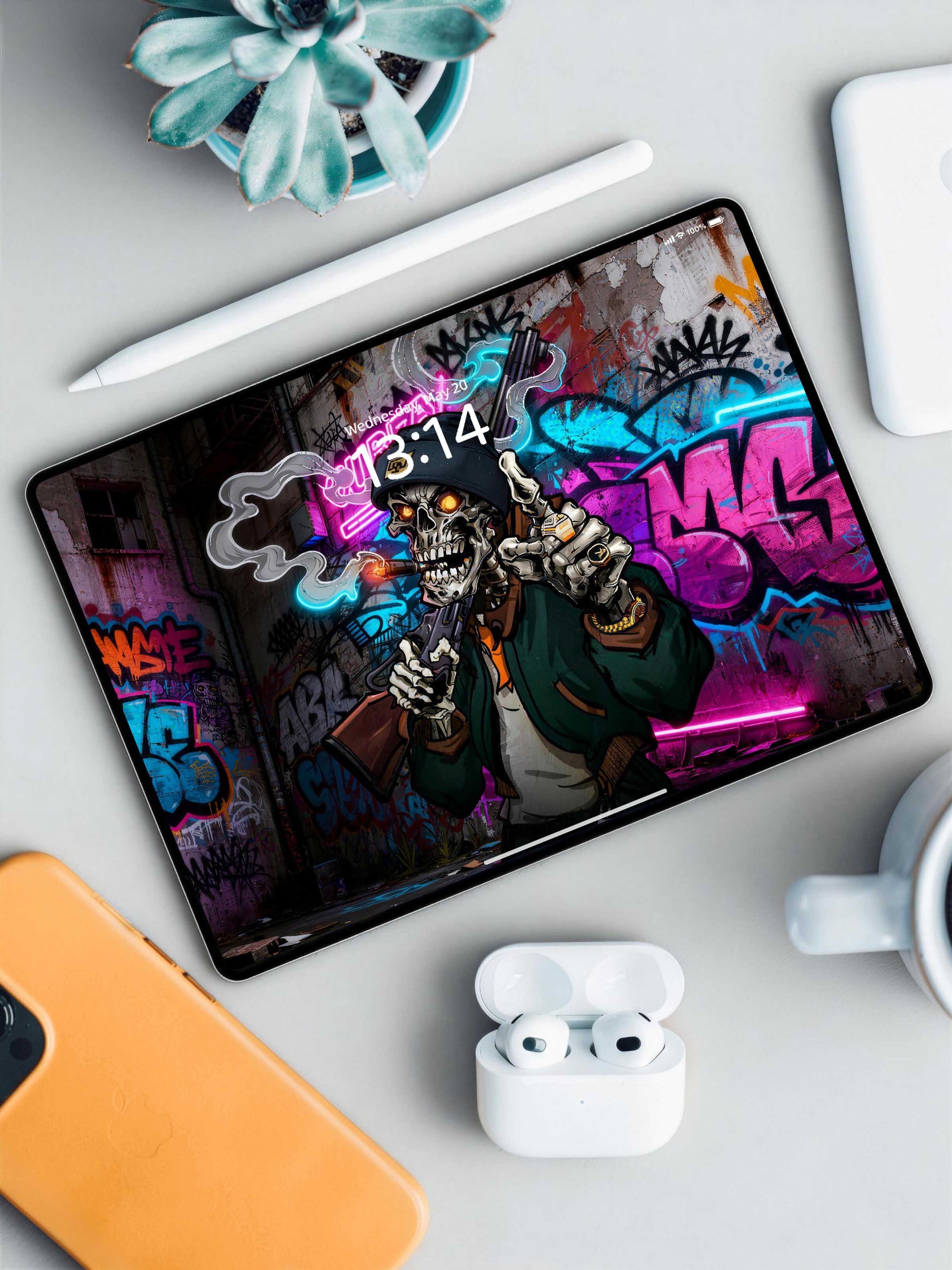 Neon Hip Hop Smoking Skull Digital Wallpaper