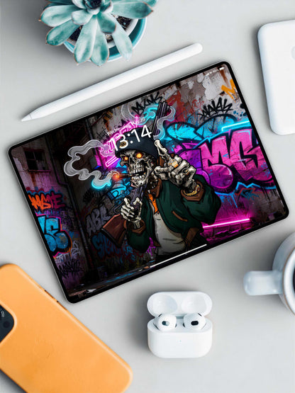 Neon Hip Hop Smoking Skull Digital Wallpaper