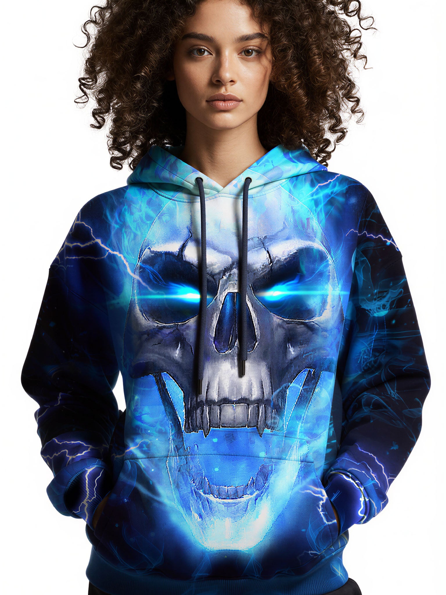Men Women 3D All Over Print Skull Lightning Hoodie Glow Blue Horror Style Sweatshirt