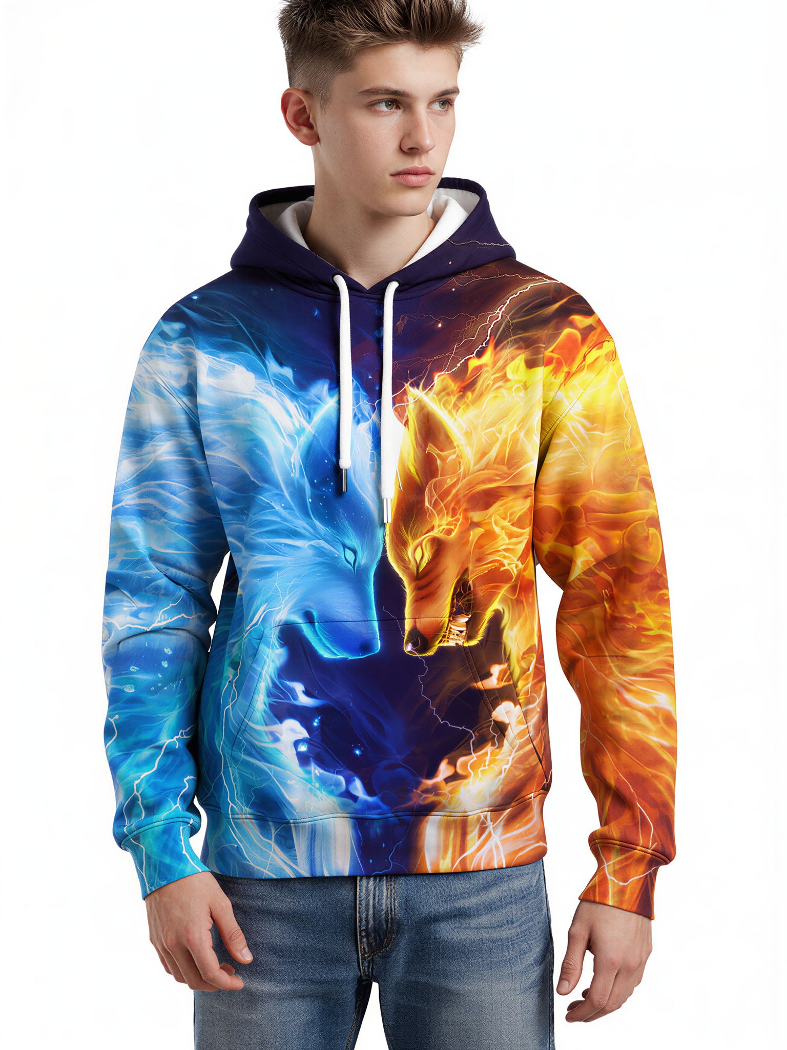 Men Women 3D All Over Print Fire Ice Wolf Hoodie Sweatshirt Graphic Pullover