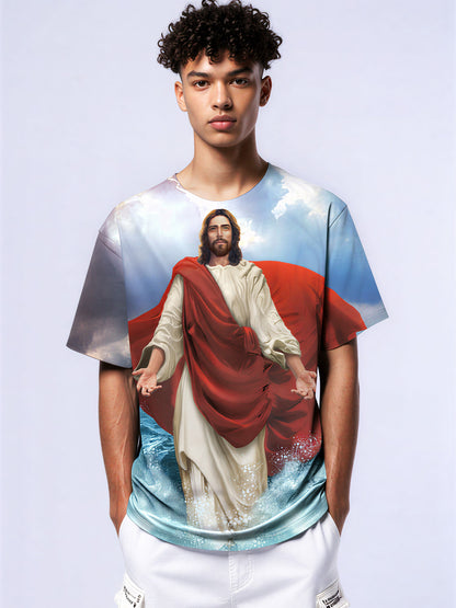 Jesus Walking on Water 3D All Over Print T-Shirt for Men Women Religious Christian Art Sweatshirt