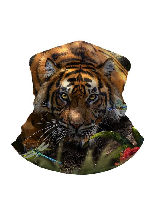 Unisex 3D Tiger Face & Tropical Flowers Neck Gaiter – Nature Aesthetic, Breathable for Outdoor Wear