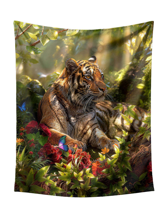 Tiger Resting Peacefully Amongst Vibrant Red Flowers In Lush Jungle Tapestry - Heartwarming Wildlife Wall Art for Cozy Home Decor