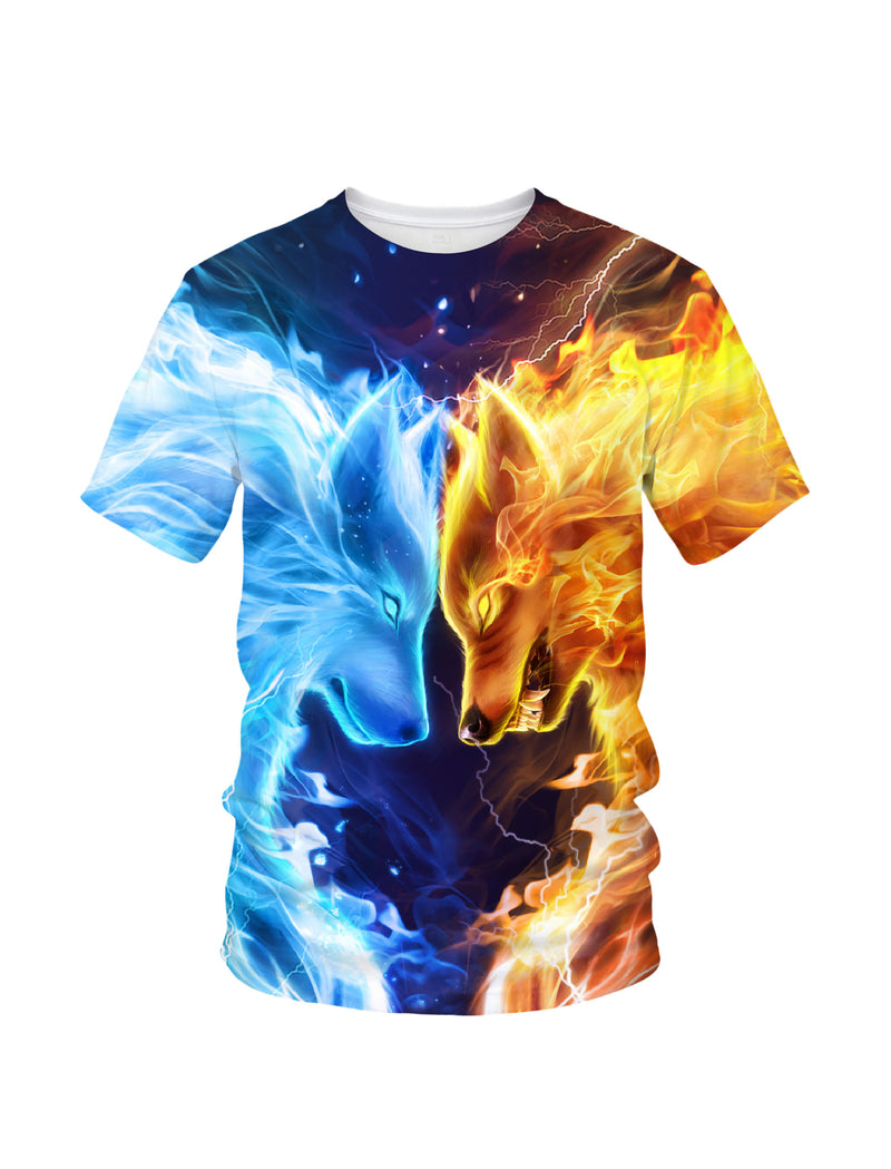 3D All Over Print Fire Ice Wolf T-Shirt for Men Women, Bold Graphic Streetwear Sweatshirt