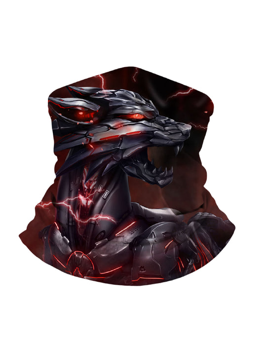 E-Girl E-Boy Cyber Wolf Balaclava with 3D all over print, neon red lightning armor design, unisex soft stretchy tube face mask for gaming and streetwear