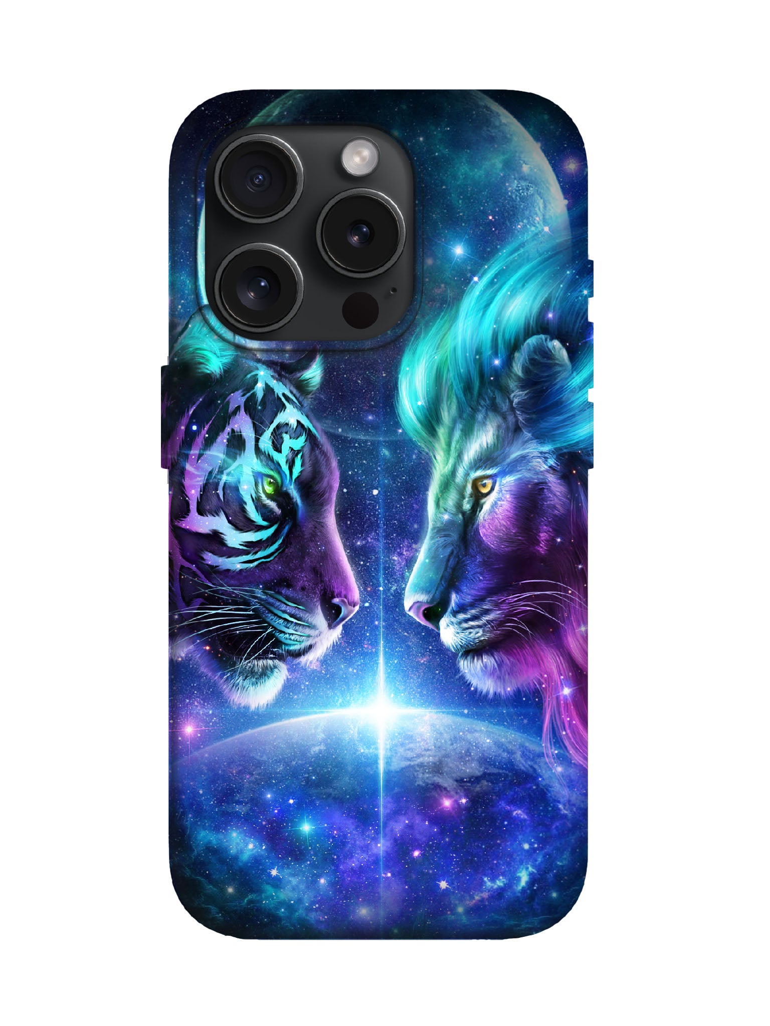 Cosmic Tiger and Lion Face-Off Cyberpunk Protective Phone Case