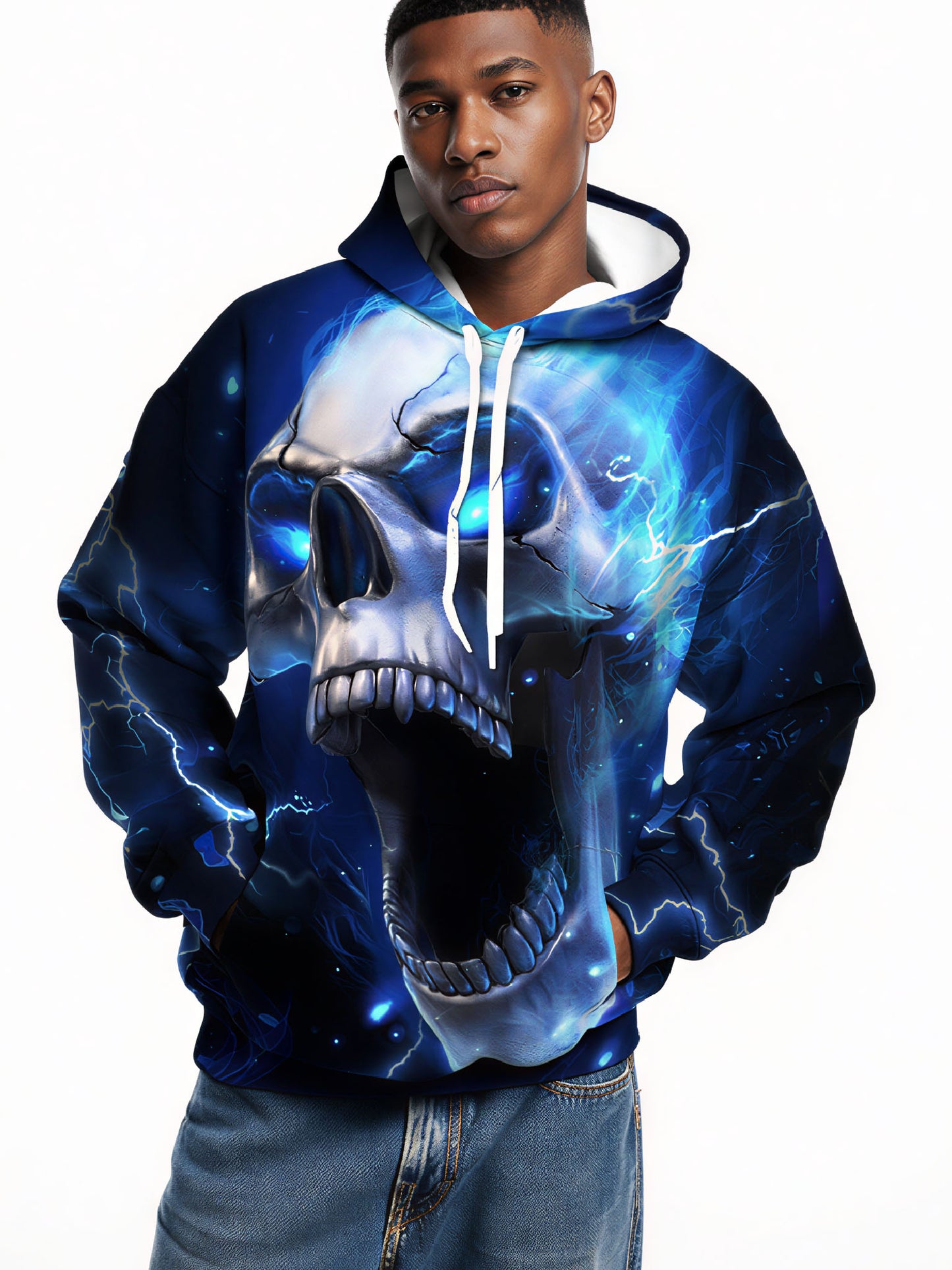 Vibrant Blue Flame Skull Hoodie Unisex Gothic Fashion Statement
