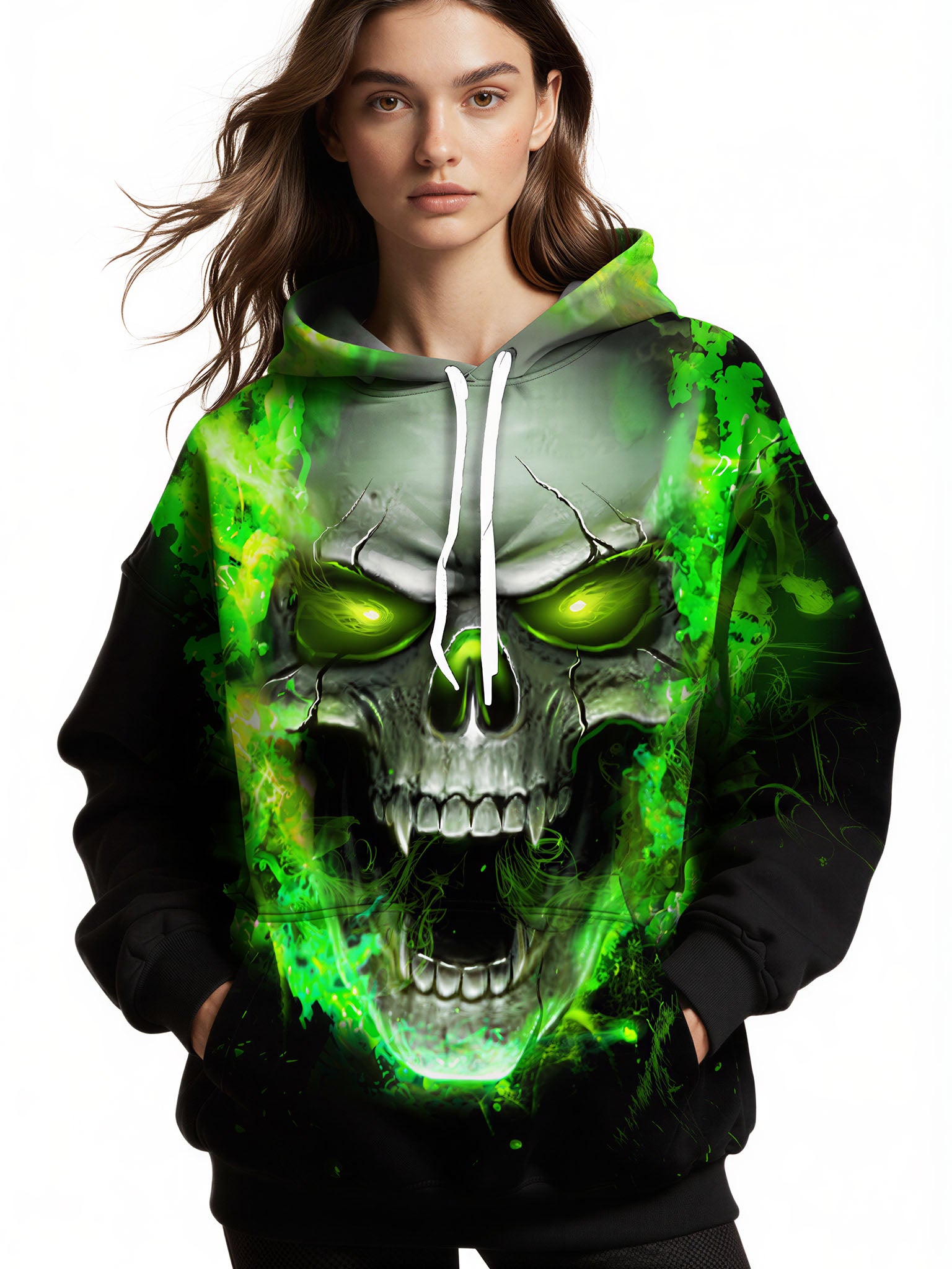 Men Women 3D All Over Print Skull Green Flame Hoodie Pullover Sweatshirt