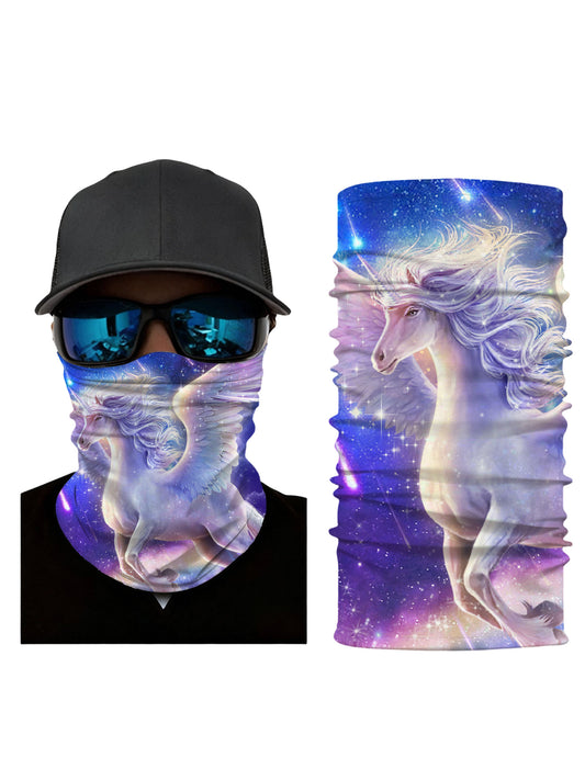Unisex Neck Gaiter with 3D all over print featuring galaxy nebula and winged unicorn, Aesthetic style, breathable fabric, soft stretchy, UV protection