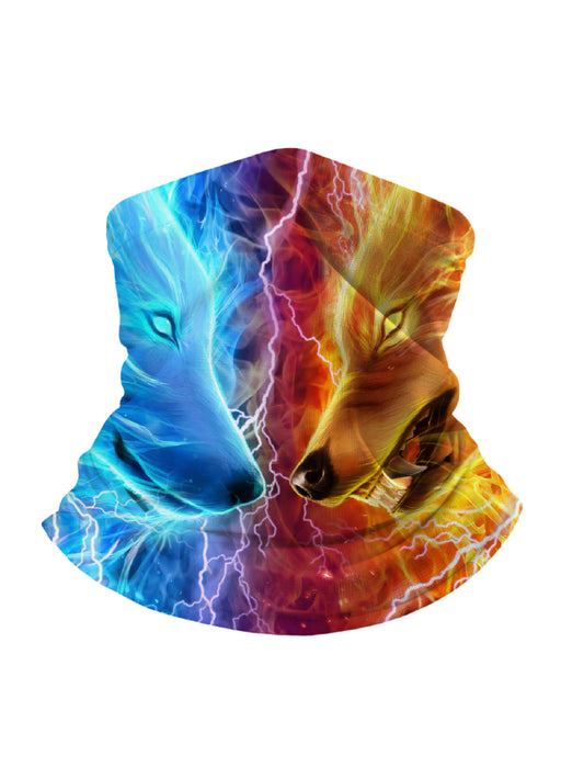 3D Print Dual Ice Fire Wolves Neck Gaiter for Men Women, Cosmic Lightning Galaxy Design Face Mask, Soft Breathable Tube Scarf